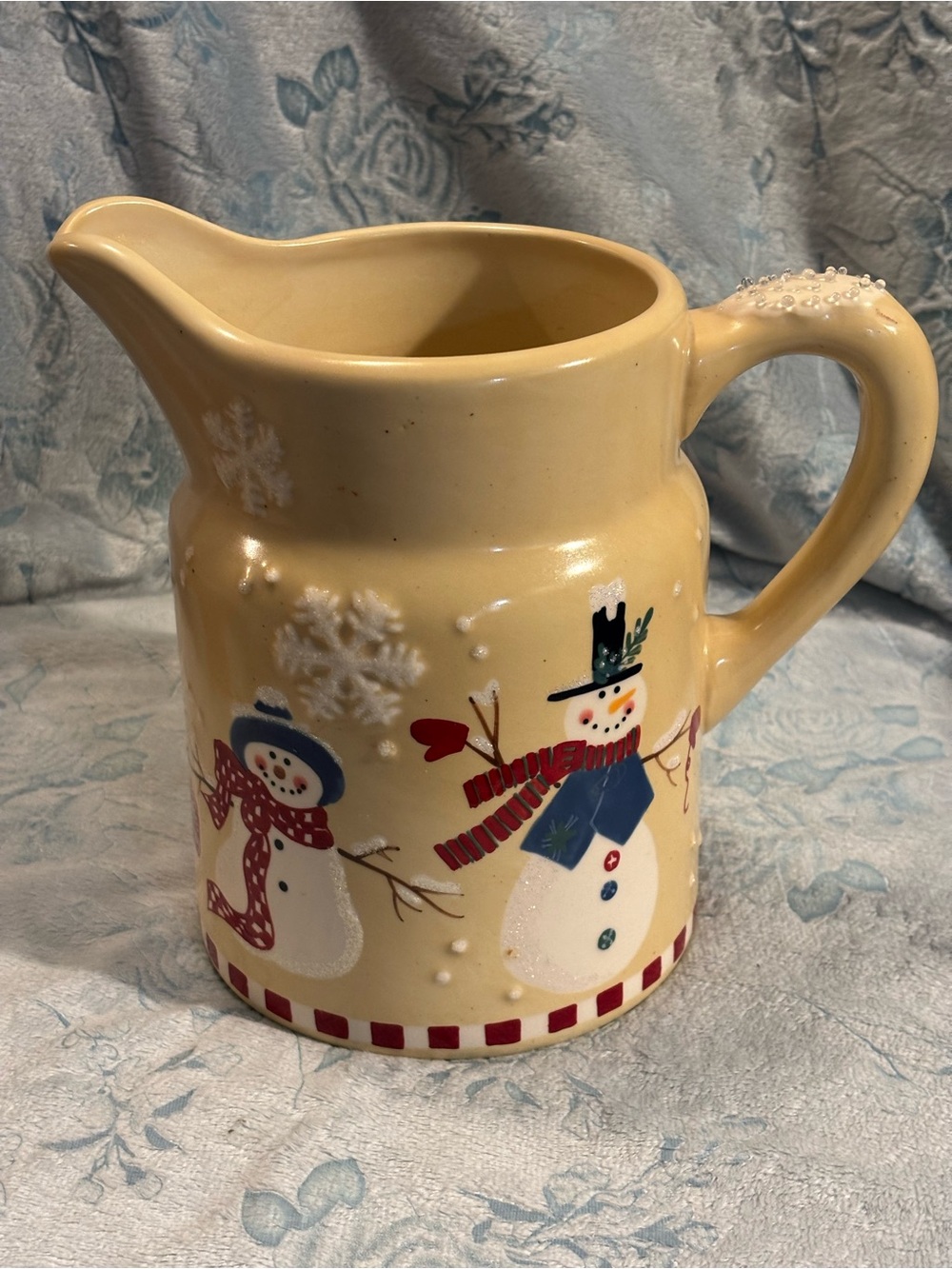 Hallmark Cream Snowman Ceramic Holiday Pitcher with Red Accents
